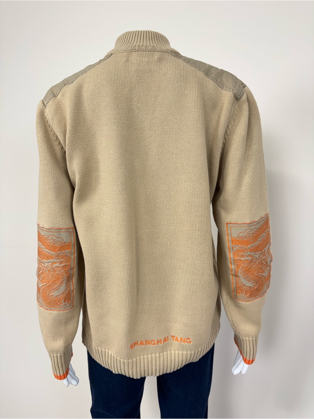 Shanghai Tang Cotton Quarter Zip Sweater Beige Orange Dragon Patch Embroidery - Picture 4 of 10